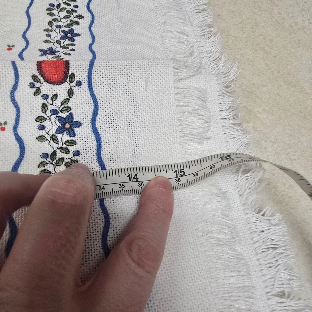 Vintage Square Table Topper‎ White Fringed Apple Blue Floral Cross Stitch 16x16